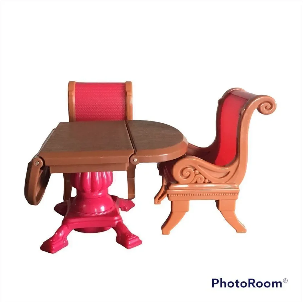 Fisher Price Loving Family Dollhouse Brown Dining Room Table 2 Red Chairs